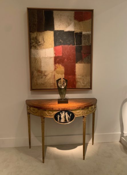A George III Satinwood, Giltwood and Composition Demi-lune Side Table (Circa 1780) with John Eaves Painting (b. 1929)
