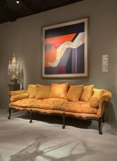 A George II Mahogany Three Seater Settee Attributed to Wright & Elwick (Circa 1755) with an abstract painting in acrylic on Canvas by Adrian Heath