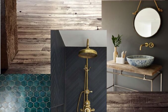 A mood board for a bathroom interior design that can be incorporated into any space showing a combination of tiles, washbasin, brass shower head, taps and fixtures.