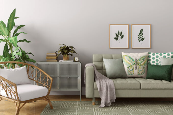 Modern Scandinavian interior design living room with sofa.